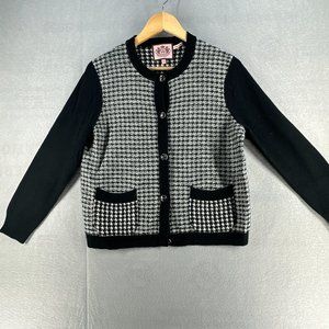 Juicy Couture Womens Merino Wool Cardigan L Black Houndtooths Long Sleeve Preppy